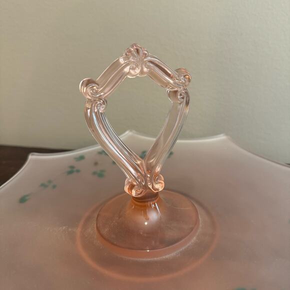 1930s Pink Depression Frosted Glass Handled Serving Tray Hand Painted Design - Picture 2 of 11